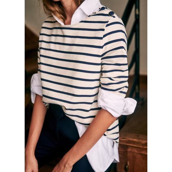 SEZANE Striped Marina Cropped Crew Neck Cotton Blue Ivory Pullover Nautical Lg - Picture 3 of 11